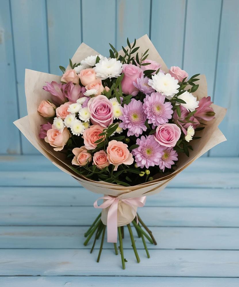 Букет цветов из: Хризантемы, Розы и Альстромерии в Петровское
